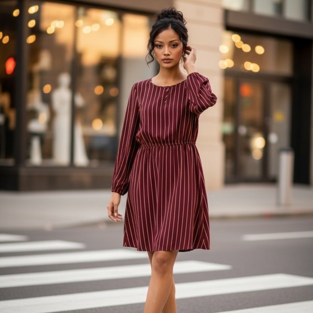Old Navy XL Long Sleeve Knee Length Dress Burgundy Stripe Cinch Waist Casual